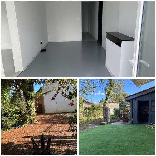 un collage de trois photos d'une maison dans l'établissement Maison en pierre, à Saint-Germain-dʼEsteuil