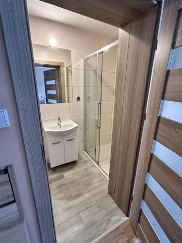 a bathroom with a sink and a mirror at BALTIC VIBES - pokoje gościnne in Kołobrzeg