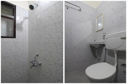 two pictures of a bathroom with a toilet and a shower at Hotel O Galaxy Near INOX in Yeraoda