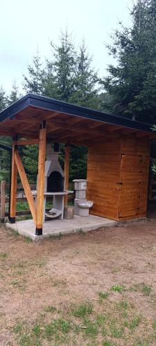 a wooden shed with a stove and toilets in it at Planinska kuća Stašević in Mitrovac