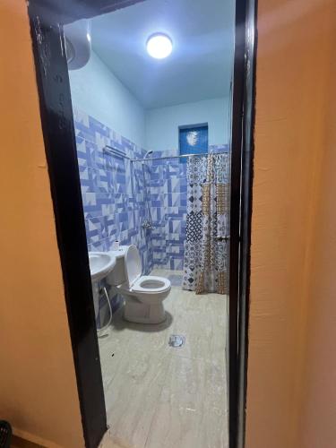 a bathroom with a toilet and a shower at Camel Dive Club By The Sea Inn in Jurf ad Darāwīsh