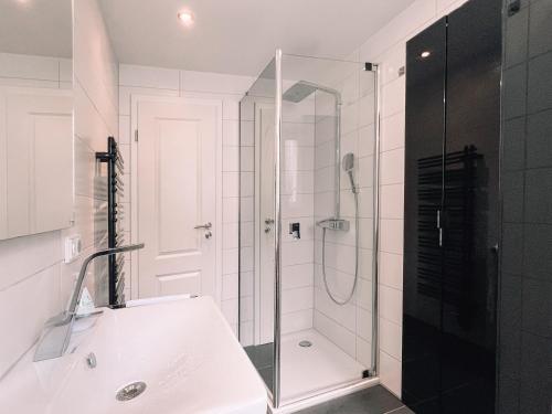 a bathroom with a shower and a sink at Cozy Citylight 15 Modern , Stylish , Altstadtnähe in Bamberg