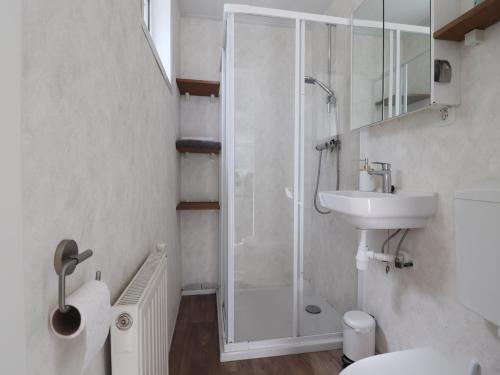 a bathroom with a shower and a sink and a toilet at Cottage in Grou with Water Sports Access in Grou