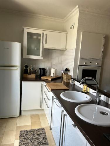 La cuisine est équipée de 2 lavabos et d'un réfrigérateur blanc. dans l'établissement TI ST BARTH - Maison facile à vivre à Niort, à Niort