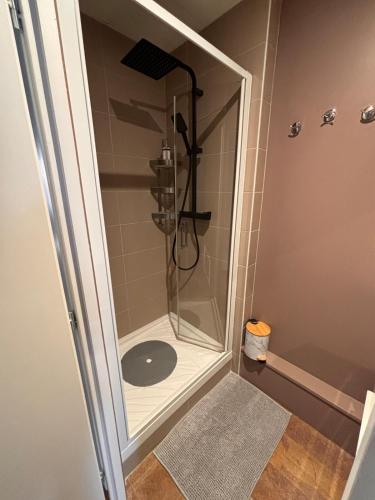 une douche avec une porte vitrée dans une salle de bain dans l'établissement Maison intra muros, à Langres