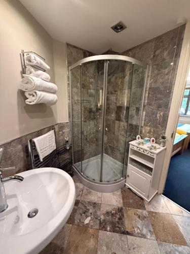 a bathroom with a shower and a sink at Barncroft Luxury Bed & Breakfast in Solihull