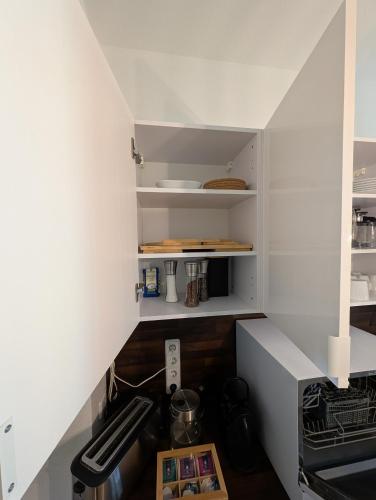 a kitchen with white walls and white shelves at Helles Studio mit Arbeitsplatz und Balkon in Chemnitz