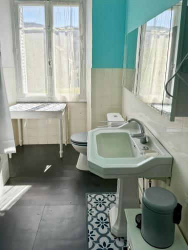une salle de bain avec un lavabo et des toilettes dans l'établissement La maison Hortensias Vic-Sur-Cère - 4pers, à Vic-sur-Cère