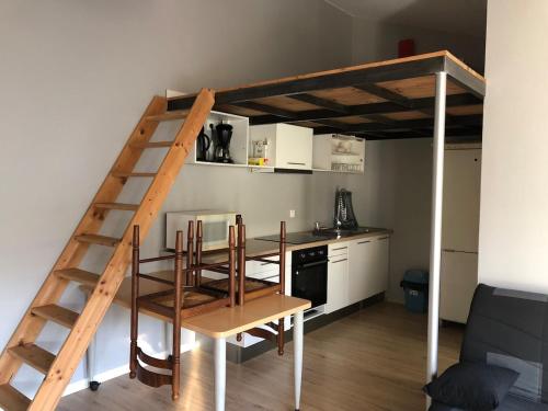 un lit mezzanine avec un bureau et une cuisine dans l'établissement Gîte meublée en campagne proche Albi, à Castelnau-de-Lévis