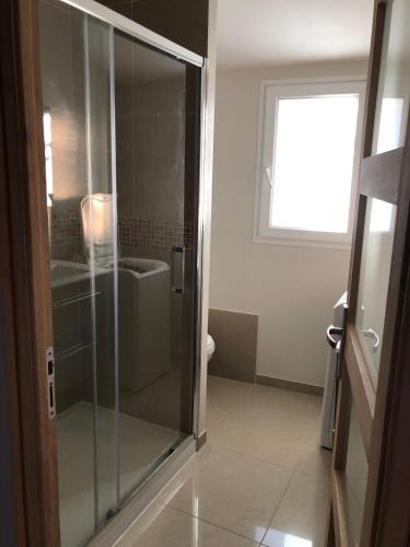 une salle de bain avec une douche avec une porte vitrée dans l'établissement Gîte meublée en campagne proche Albi, à Castelnau-de-Lévis