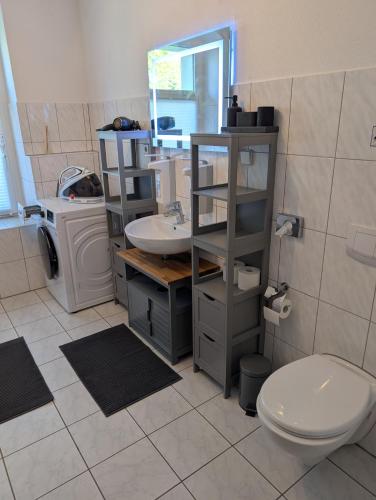a bathroom with a sink and a toilet and a mirror at Helles Studio mit Arbeitsplatz und Balkon in Chemnitz