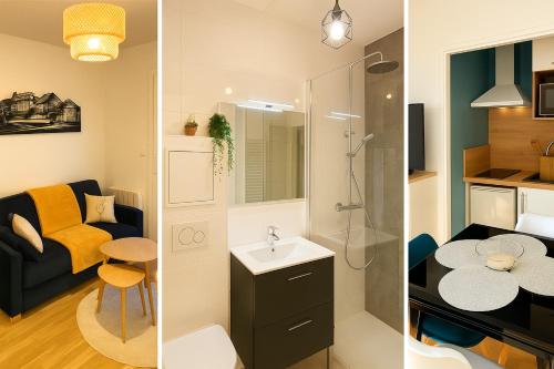 - deux photos d'une salle de bains avec un lavabo et une douche dans l'établissement Charmant 2 pièces à Cabourg - 80 m de la plage, à Cabourg