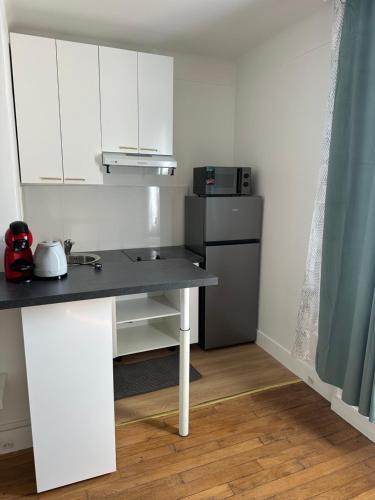 une petite cuisine avec un comptoir et un réfrigérateur dans l'établissement france paris, à Montrouge
