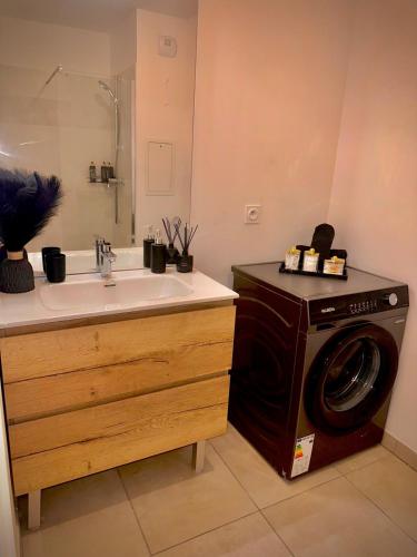 La salle de bains est pourvue d'un lave-linge et d'un lavabo. dans l'établissement Superbe appartement moderne en bord de Seine - proche Paris, à Villeneuve-la-Garenne