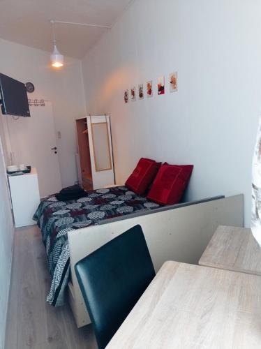 a small room with a bed and red pillows at Chez Oppo in Charleroi