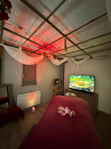 une chambre avec un lit rouge et une télévision dans l'établissement CABANE, BUNGALOW, BULLE ET SPA LE REFUGE ZEN ET BIEN ETRE, à Montpouillan