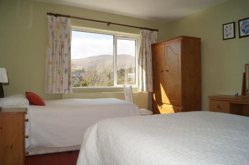 a hotel room with two beds and a window at Ardrinane House in Annascaul