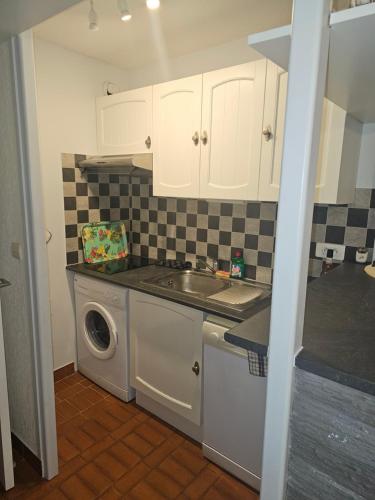 une cuisine avec un évier et une machine à laver dans l'établissement Pecheurs, à Agde