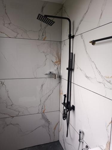 a bathroom with a shower with marble walls at The Tree House in Vythiri