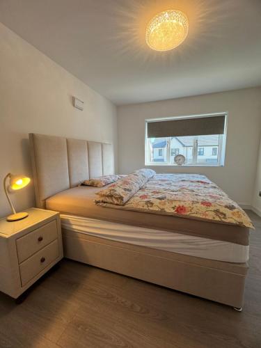 a bedroom with a bed with a lamp and a window at Cosy and beautiful home Vegetarians only in Dublin