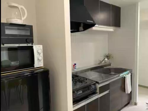 a kitchen with a microwave and a stove top oven at O2 capsule house OTARU in Otaru