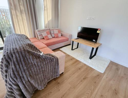 a living room with a couch and a tv at Close to New Lynn train station 3 bedroom townhouse in Auckland