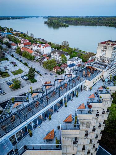 an aerial view of a city with a river at Rovno Hotel in Vidin