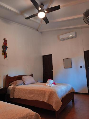 a bedroom with a bed and a ceiling fan at La Laguna del Lagarto Eco-Lodge in Pital