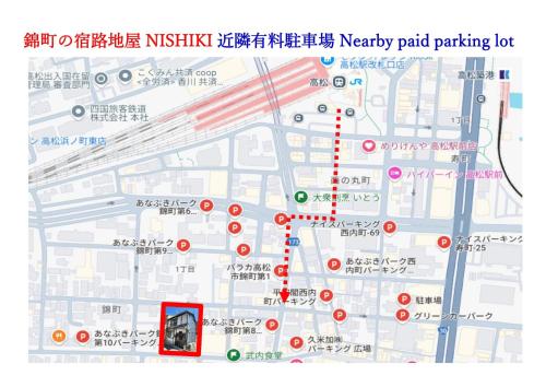 a map of a parking lot with a red line at 錦町の宿路地屋 in Takamatsu