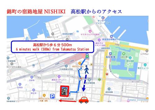 a map of a street with a traffic light at 錦町の宿路地屋 in Takamatsu