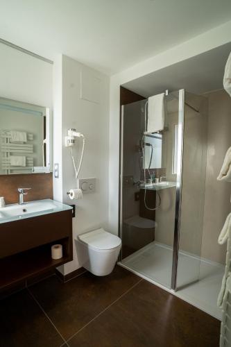 une salle de bain avec une douche, des toilettes et un lavabo dans l'établissement Hôtel Le Manoir du Roselier, à Plérin