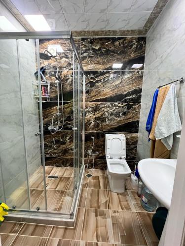 a bathroom with a shower and a toilet at Sumqayit Kristal3 in Sumqayıt