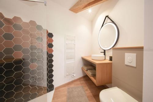 une salle de bain avec toilettes et miroir dans l'établissement Chambre cosy avec entrée privée, à Bayonne
