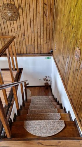 a set of stairs in a room with wooden walls at UMANI Retreat in Buşteni