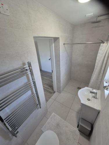 a bathroom with a shower and a toilet and a sink at Donegal holiday home in Donegal