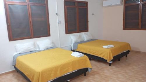 two beds in a room with yellow sheets and windows at Villa Chic in Chicxulub