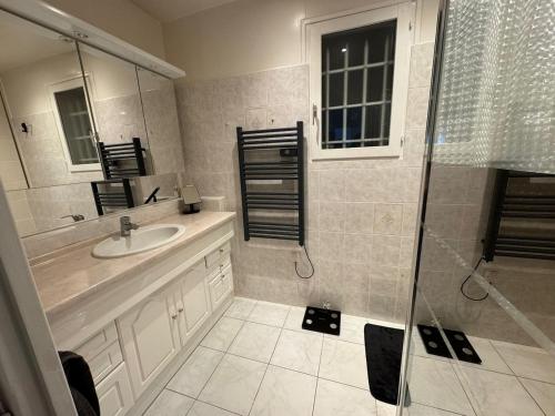 une salle de bain avec un lavabo et une douche dans l'établissement Villa avec piscine, à Rocbaron