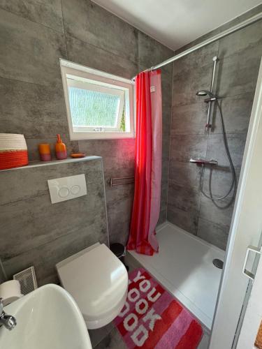 a bathroom with a shower and a toilet and a sink at Bungalow at the Beach in Noordwijk aan Zee