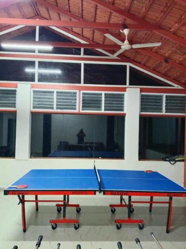 a ping pong table in a building with a ceiling at Silver springs Homestay Chickmagalur in Chikmagalūr