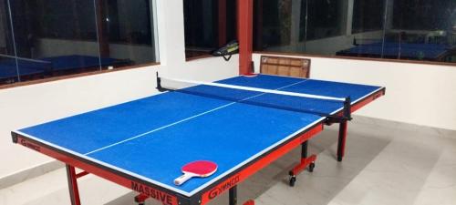 a ping pong table with a ping paddle on it at Silver springs Homestay Chickmagalur in Chikmagalūr