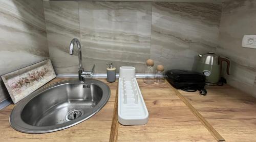 a kitchen counter with a sink in a kitchen at Lutovac Apartmani in Kotor