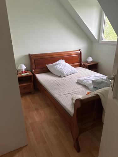 ein Schlafzimmer mit einem Bett und einem Fenster in der Unterkunft Ferienhaus am Theißsee in Ungarn in Pusztavacs