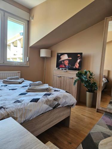 a bedroom with a bed and a tv on the wall at SOGNI D'ORO in Niš