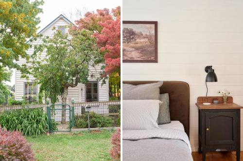 two pictures of a bedroom with a bed and a house at The Old Trentham Church in Trentham