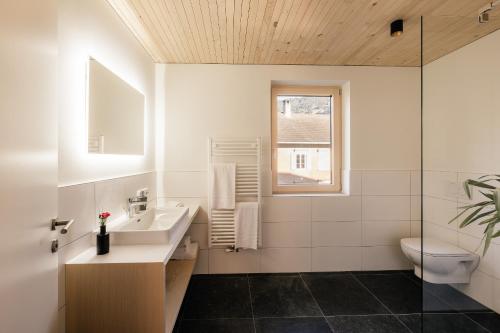 a bathroom with a sink and a toilet and a window at AlpenApart Montafon - Alti Saga in Tschagguns