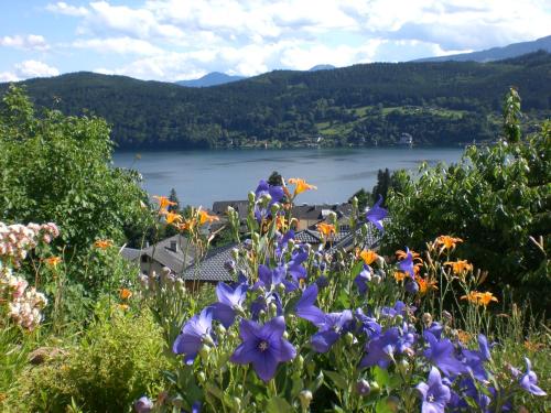 a view of a lake from a field of flowers at Ferienwohnung Energie Oase in Millstatt