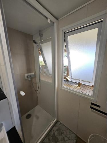 a bathroom with a shower and a window at Harmonie des Flots in Canet-en-Roussillon