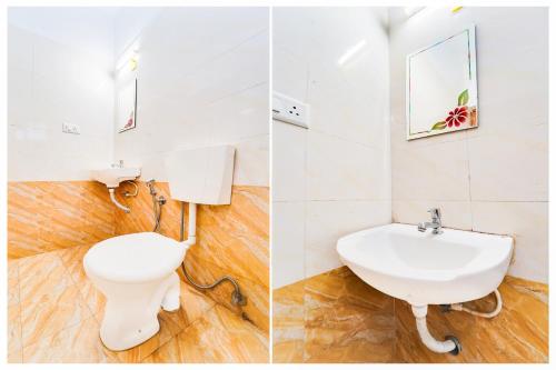 a bathroom with a toilet and a sink at Hotel O Cheranelloor Aster Medicity Formerly Abriz Residency in Cochin