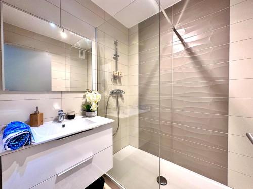 une salle de bain avec douche et lavabo dans l'établissement Le Paladio - Centre, Parking privé, CLIM, 4 personnes, à Istres