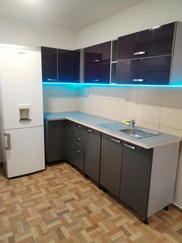 an empty kitchen with a sink and a refrigerator at Zețarilor 21A in Bucharest